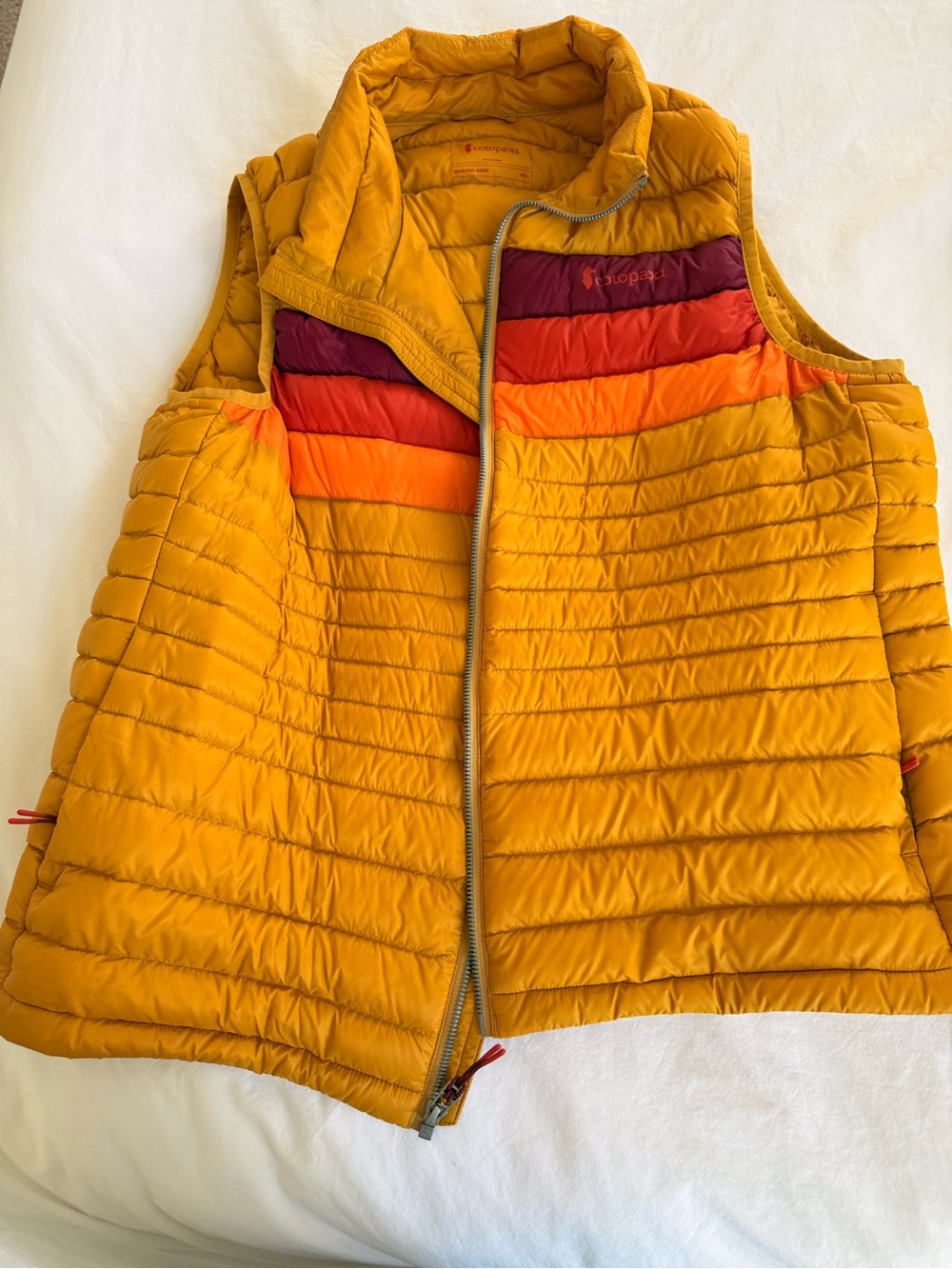 Womens Puffy Vest Jacket - Mustard with Colorblock Stripes